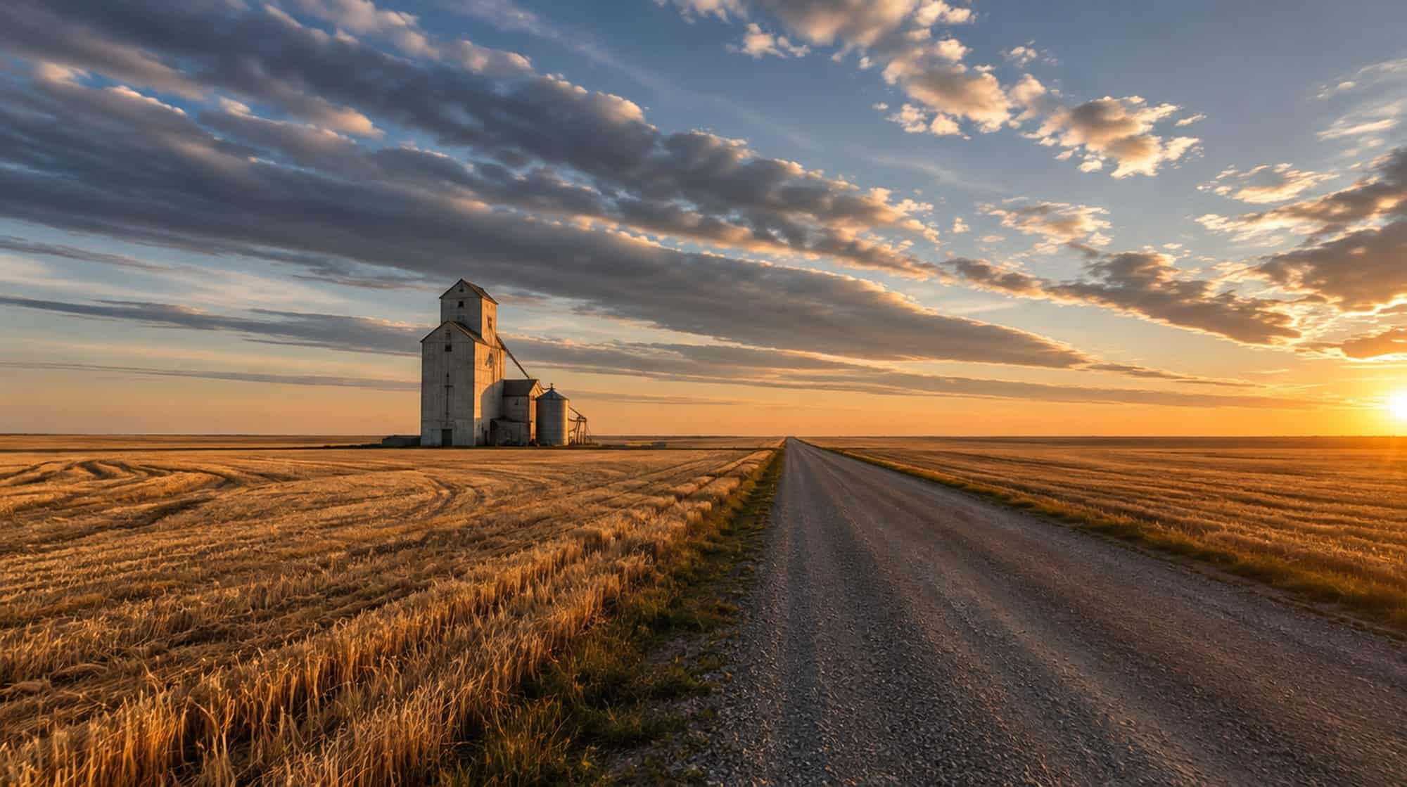 Harvested prairie wheat fields at golden hour with a lone grain elevator and a gravel road to the horizon.