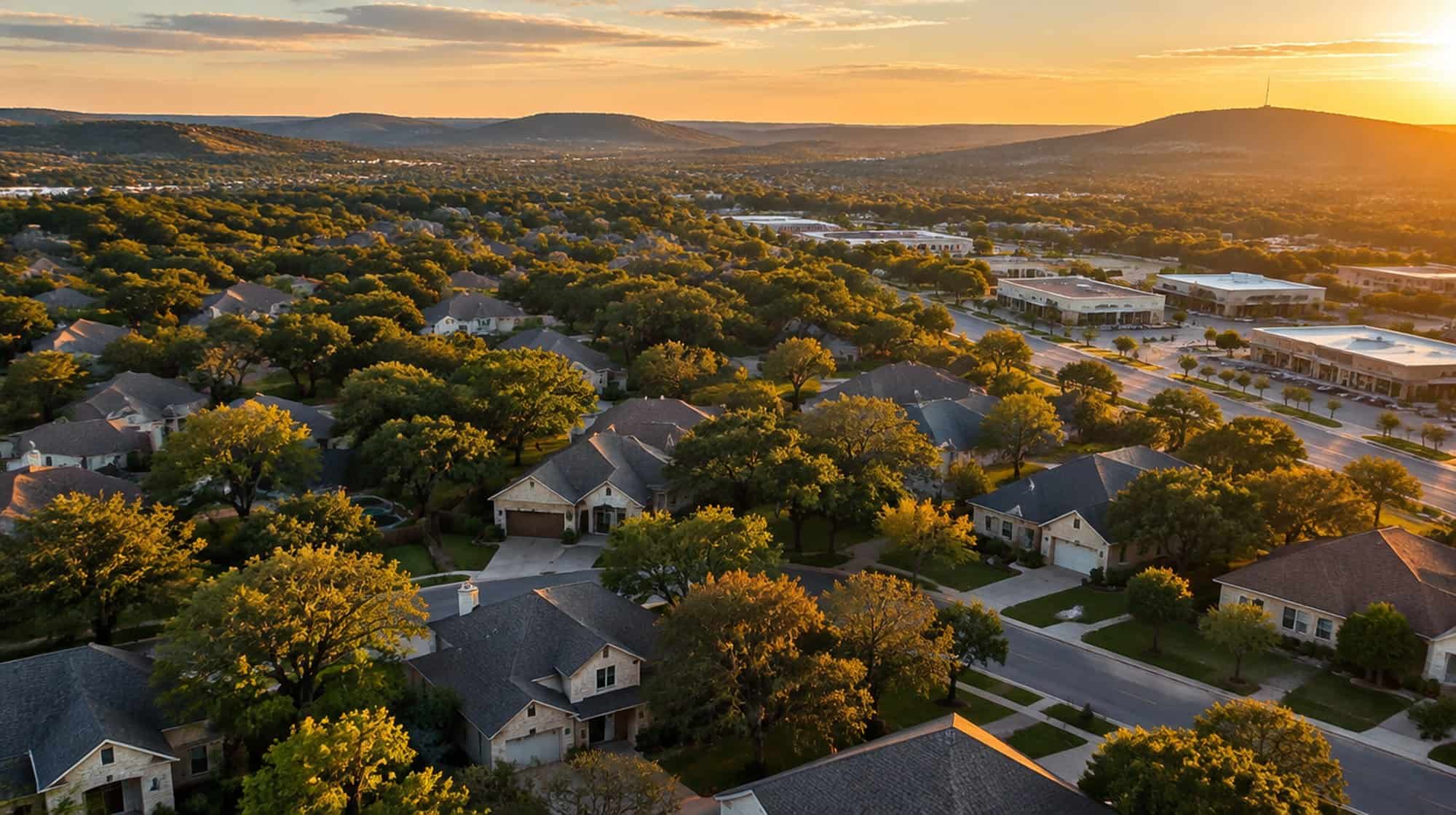 An aerial view of a Texas Hill Country neighborhood of homes and live oaks at golden hour.