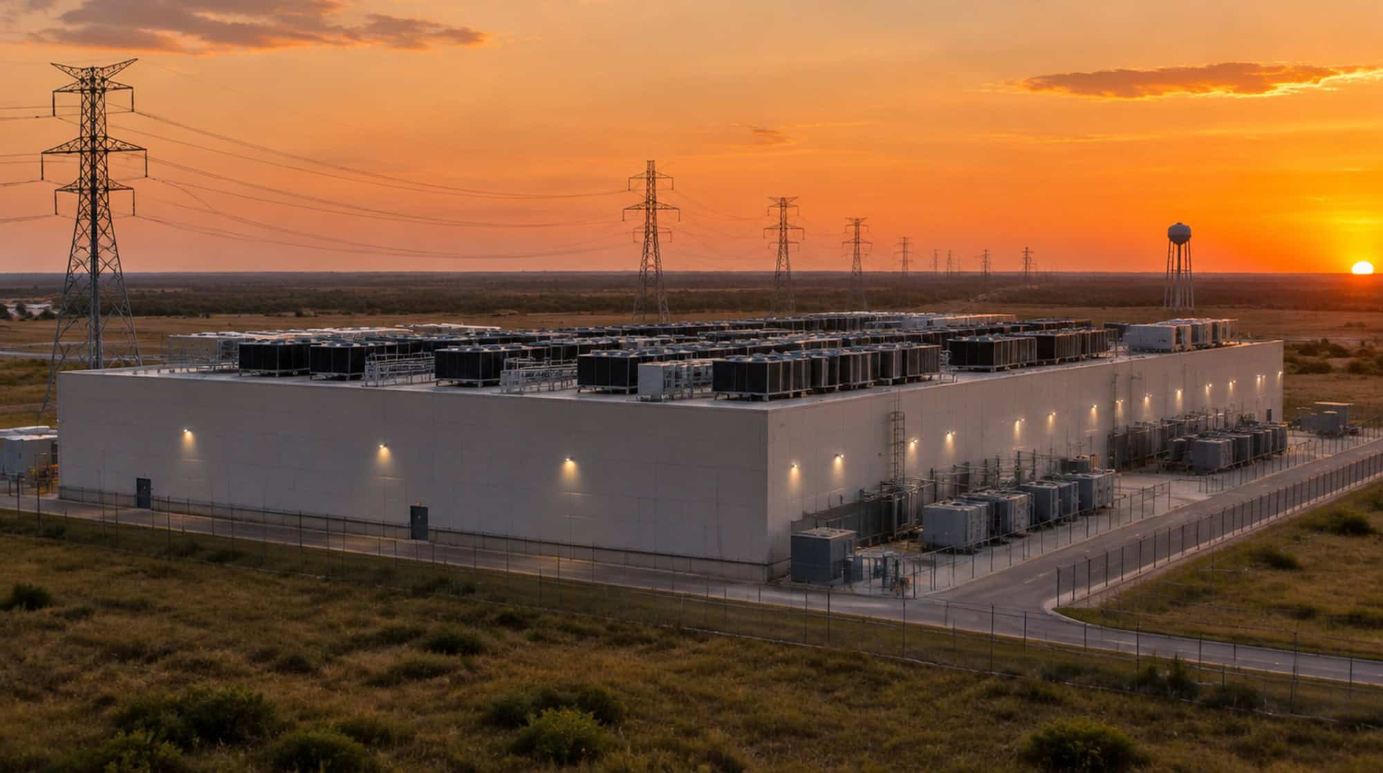 A large data center on the Texas prairie at sunset, with transmission towers and a water tower nearby.