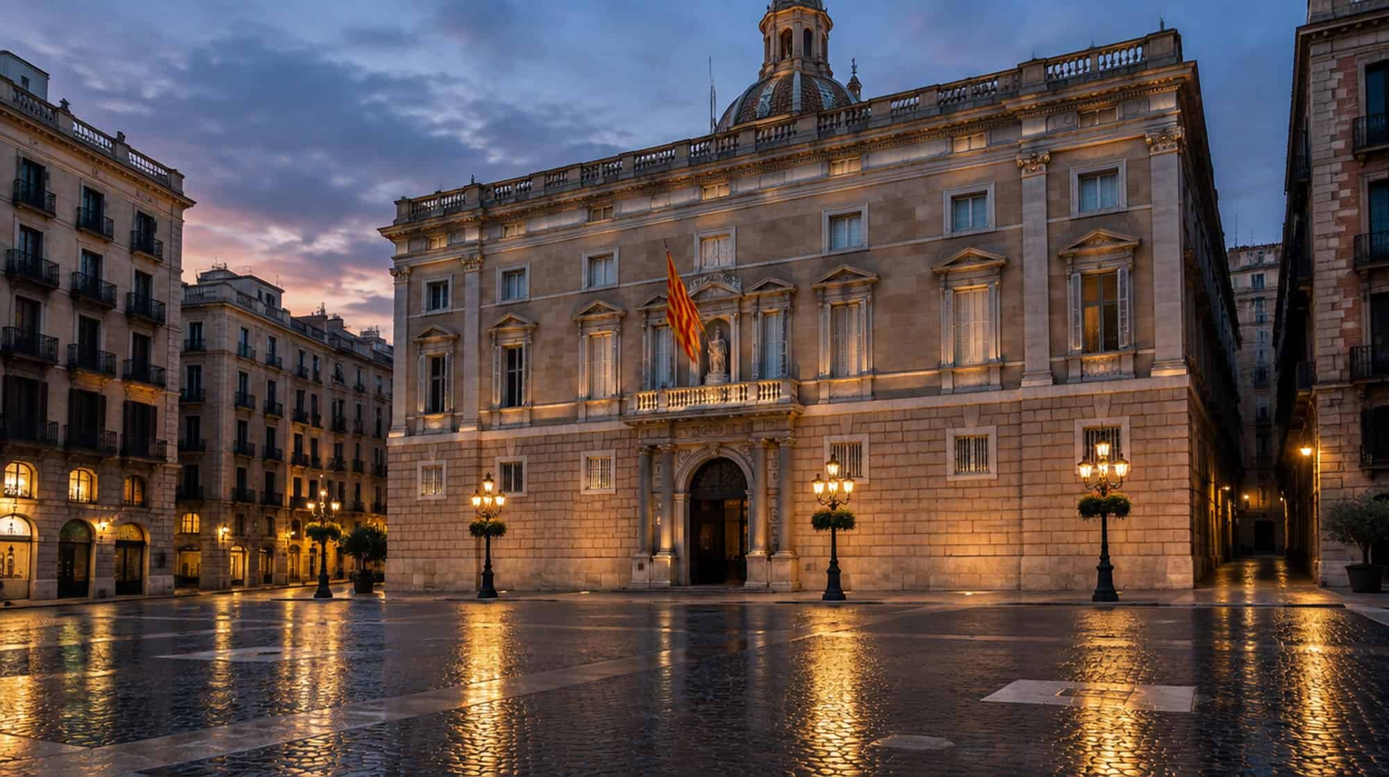 The Palau de la Generalitat on Plaça de Sant Jaume in Barcelona at dusk, a Catalan flag on the balcony and wet cobblestones reflecting the lights.
