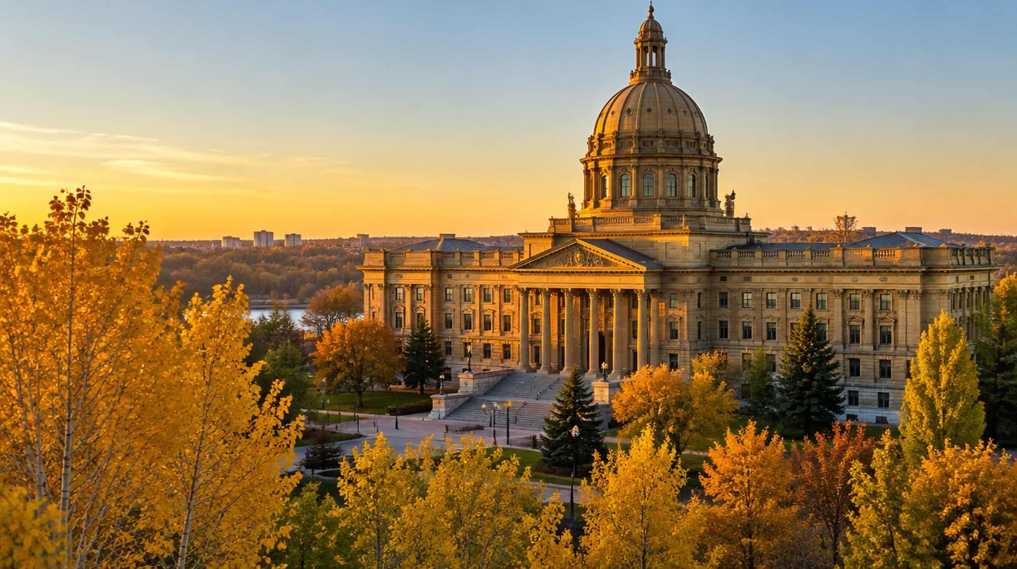 The Alberta Legislature Building in Edmonton at golden hour with autumn aspens on the grounds.