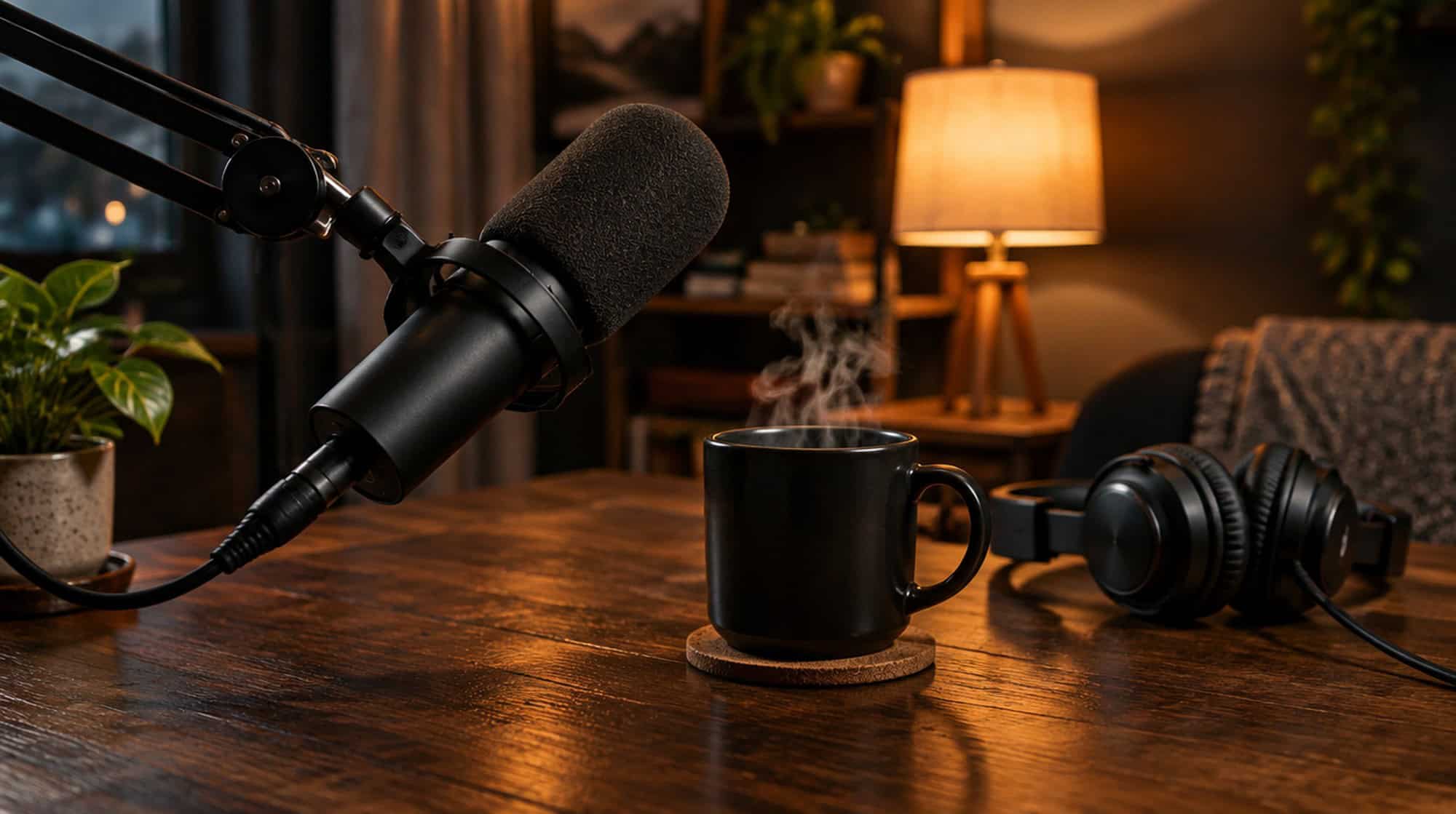 A podcast microphone on a boom arm beside a steaming black coffee mug and headphones on a wooden desk at night.