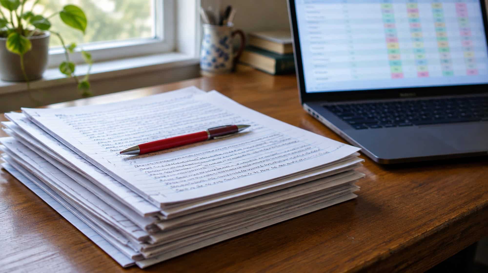 A stack of handwritten student essays with a red pen beside a laptop showing a blurred score grid.