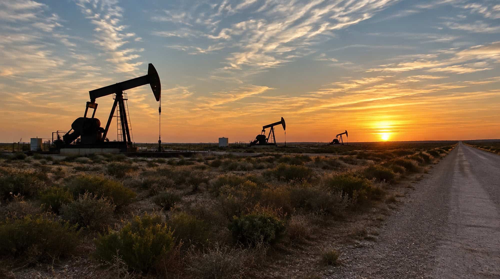 Pumpjacks silhouetted against a golden sunset over West Texas scrubland beside a caliche road.