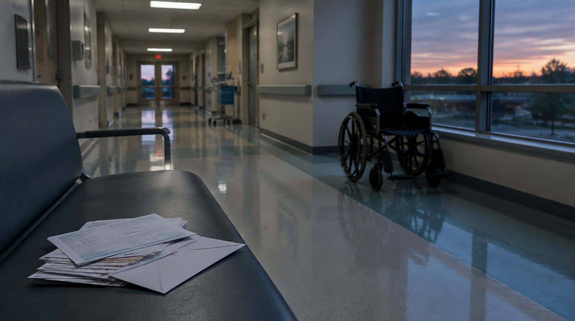 An empty hospital corridor at dusk with a wheelchair by the window and a stack of medical bills on a bench.