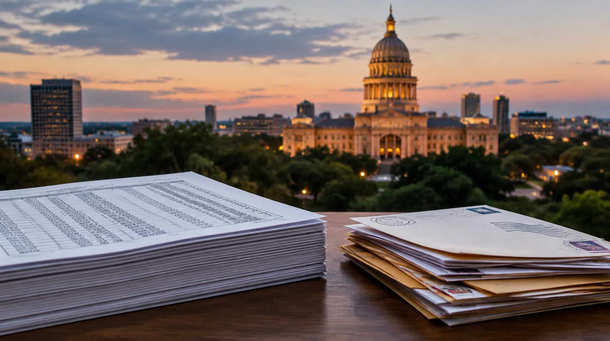The Texas Capitol at dusk behind a stack of campaign finance printouts and a pile of envelopes.